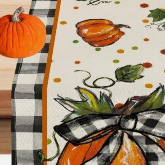 Pumpkin Table Runner Long Plaid Decorative Cloth Fall Thanksgiving Decor 13x120 - Picture 5 of 8